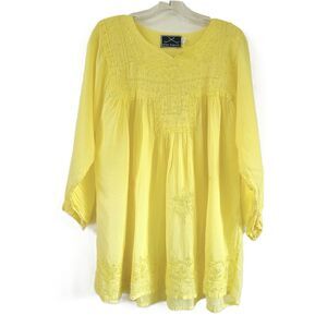 Siam Imports XL Bright Yellow Embroidered Boho Tunic Top Bohemian 100% Cotton